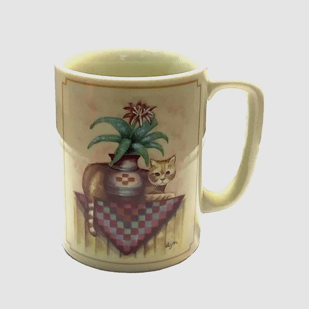 Vtg Otagiri Japan Tabby Kitty Cat Patchwork Quilt Flower Plant‎ Tea Cup Mug 3.5